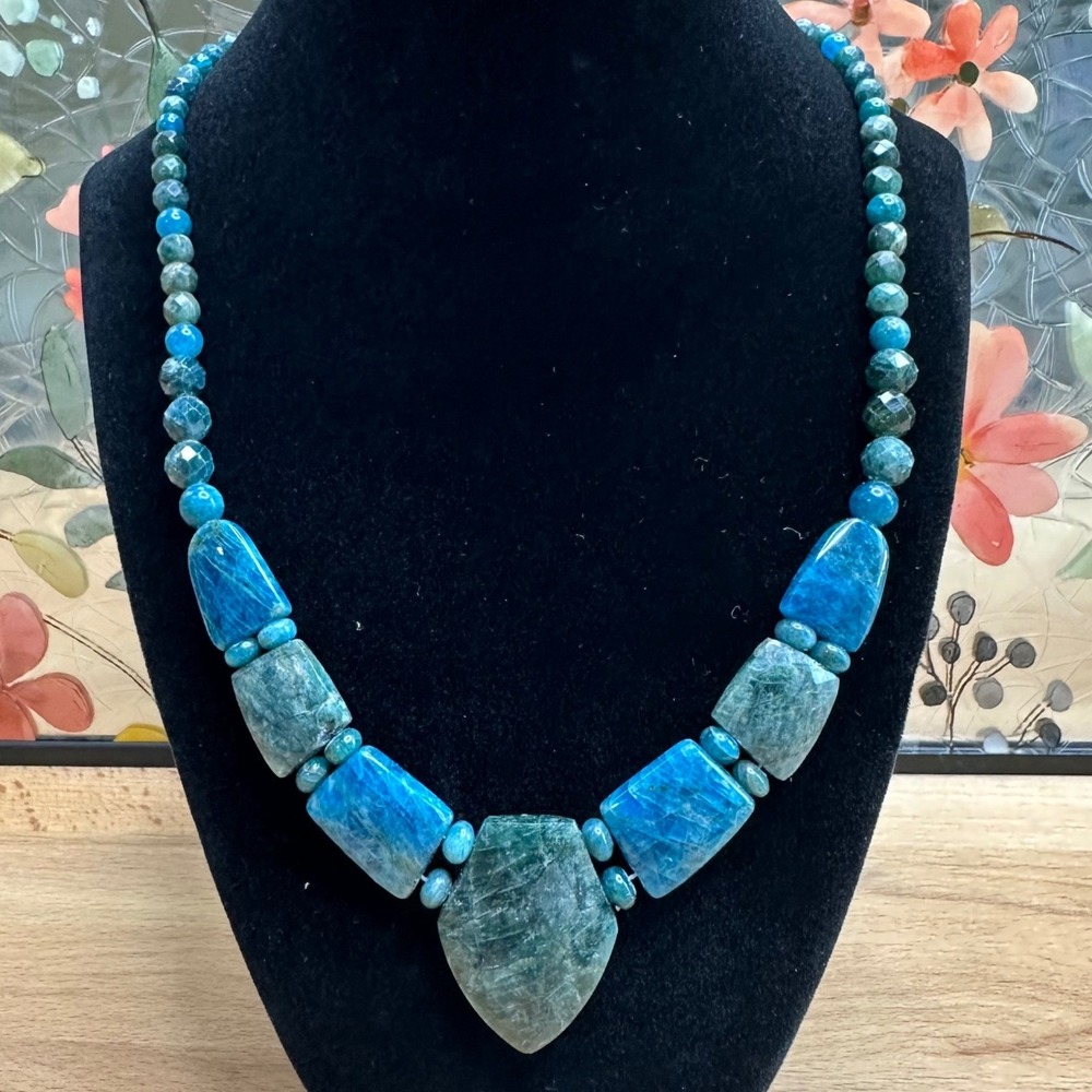 Womens Apatite Necklace Blue Teal 925 Sterling Silver Statement Boho Gemstone